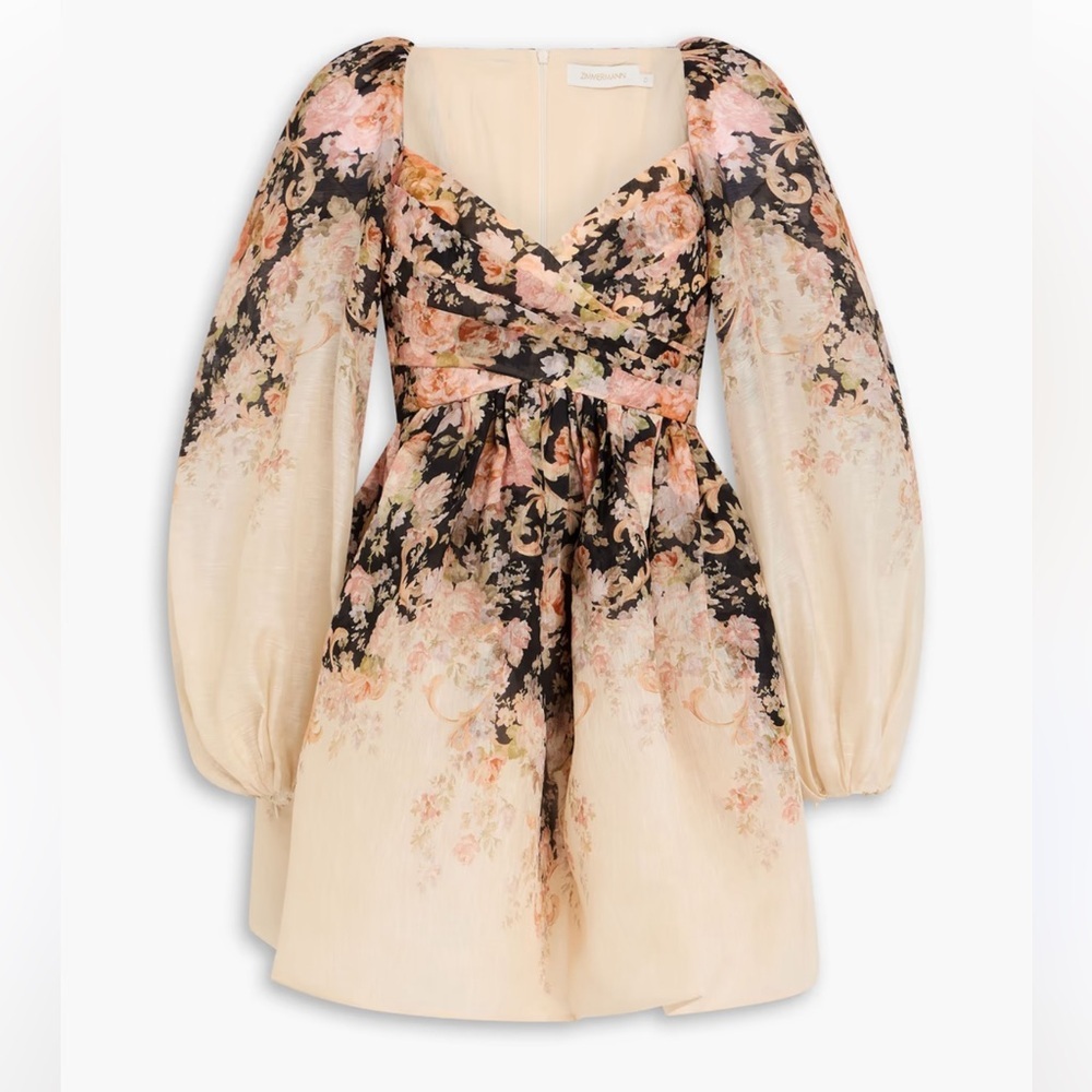 Zimmermann Floral Puff-Sleeve Mini Dress in Cream, Black and Pink